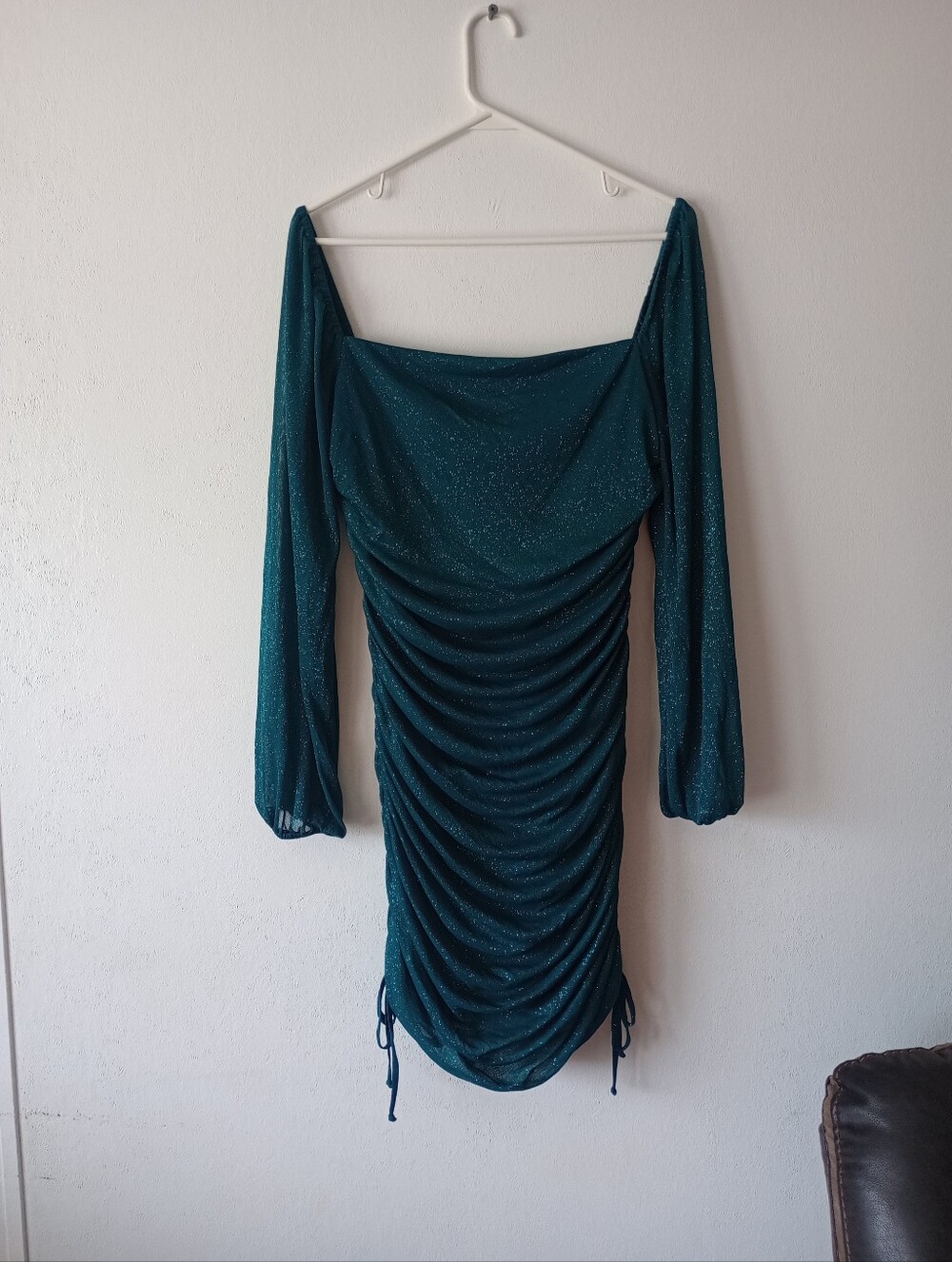 Jump Apparel Juniors' Glitter Ruched Mesh Mini Bodycon Green Dress Sz. XL